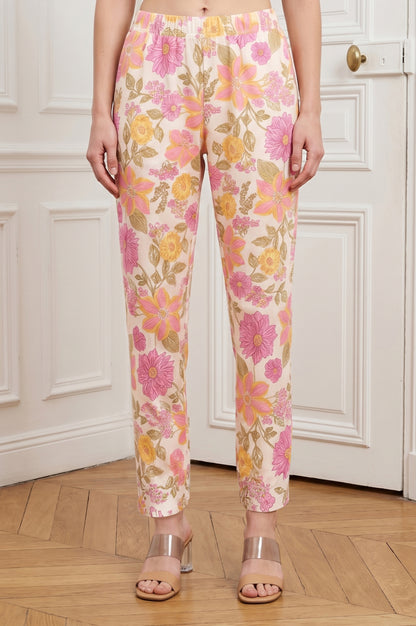 Off White Floral Printed Rayon Straight Fit Ankle Length Pants
