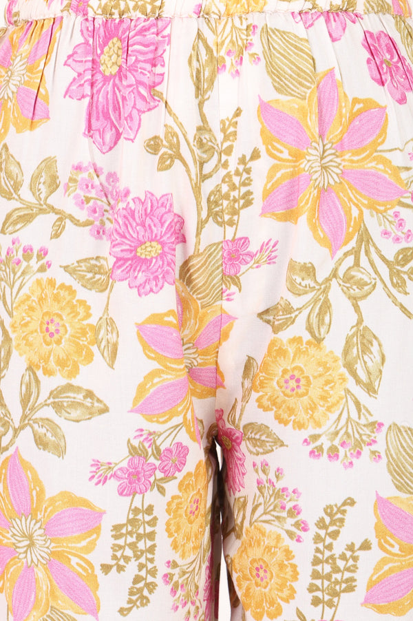 Off White Floral Printed Rayon Straight Fit Ankle Length Pants