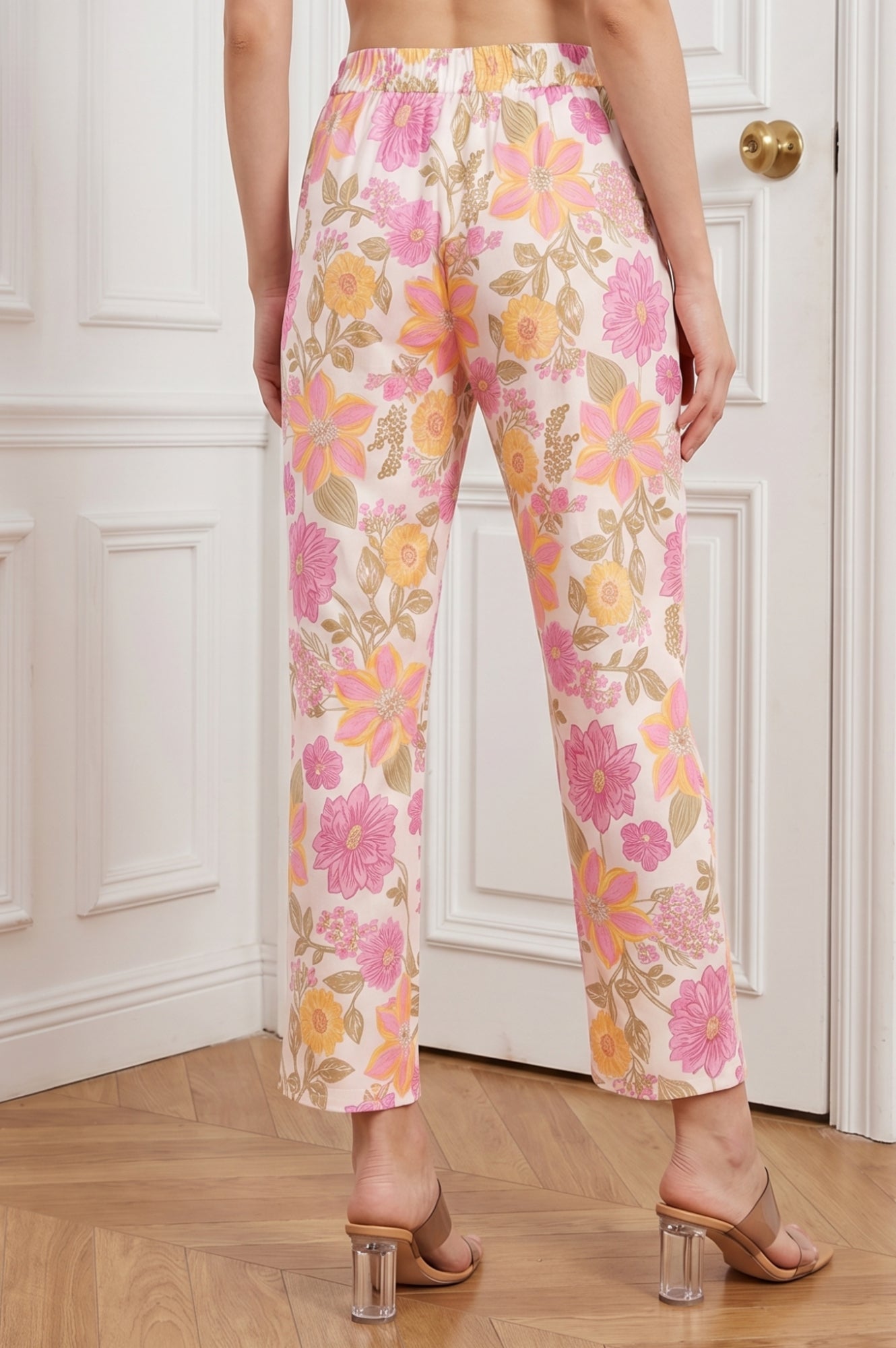 Off White Floral Printed Rayon Straight Fit Ankle Length Pants