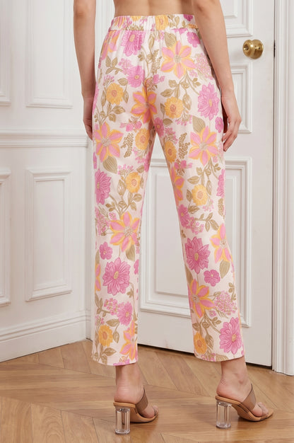Off White Floral Printed Rayon Straight Fit Ankle Length Pants