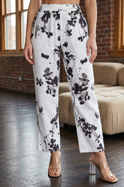 White Floral Printed Pure Cotton Ankle Length Pants