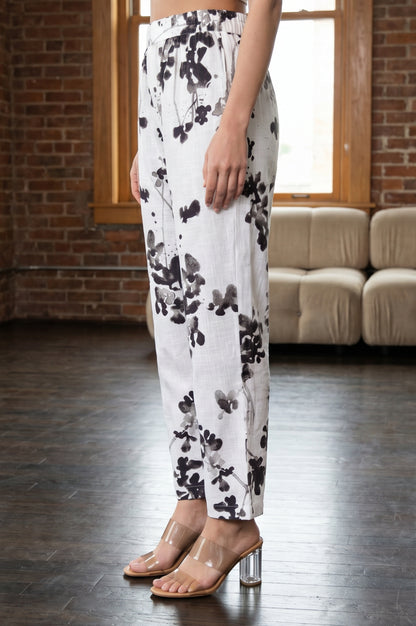 White Floral Printed Pure Cotton Ankle Length Pants
