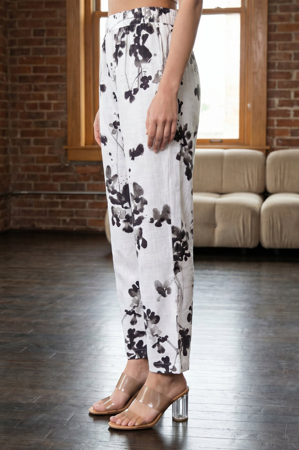 White Floral Printed Pure Cotton Ankle Length Pants