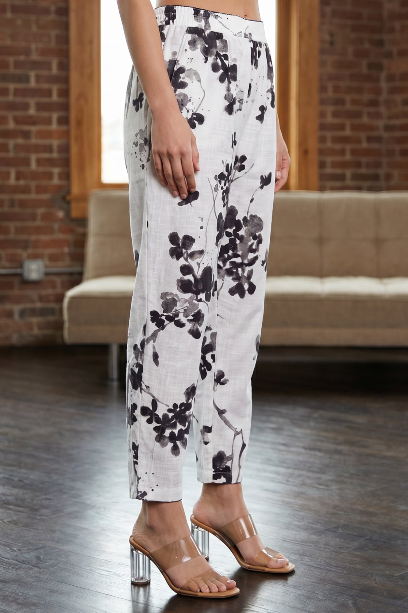 White Floral Printed Pure Cotton Ankle Length Pants