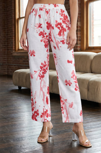 White Floral Printed Pure Cotton Ankle Length Pants