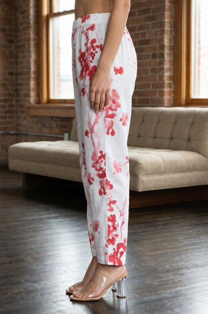 White Floral Printed Pure Cotton Ankle Length Pants
