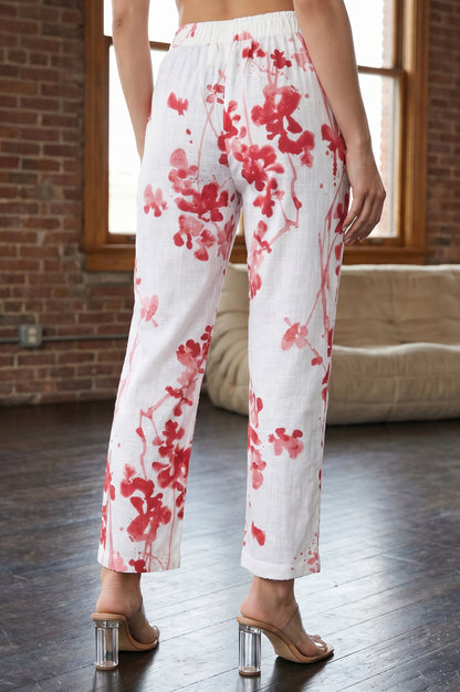 White Floral Printed Pure Cotton Ankle Length Pants