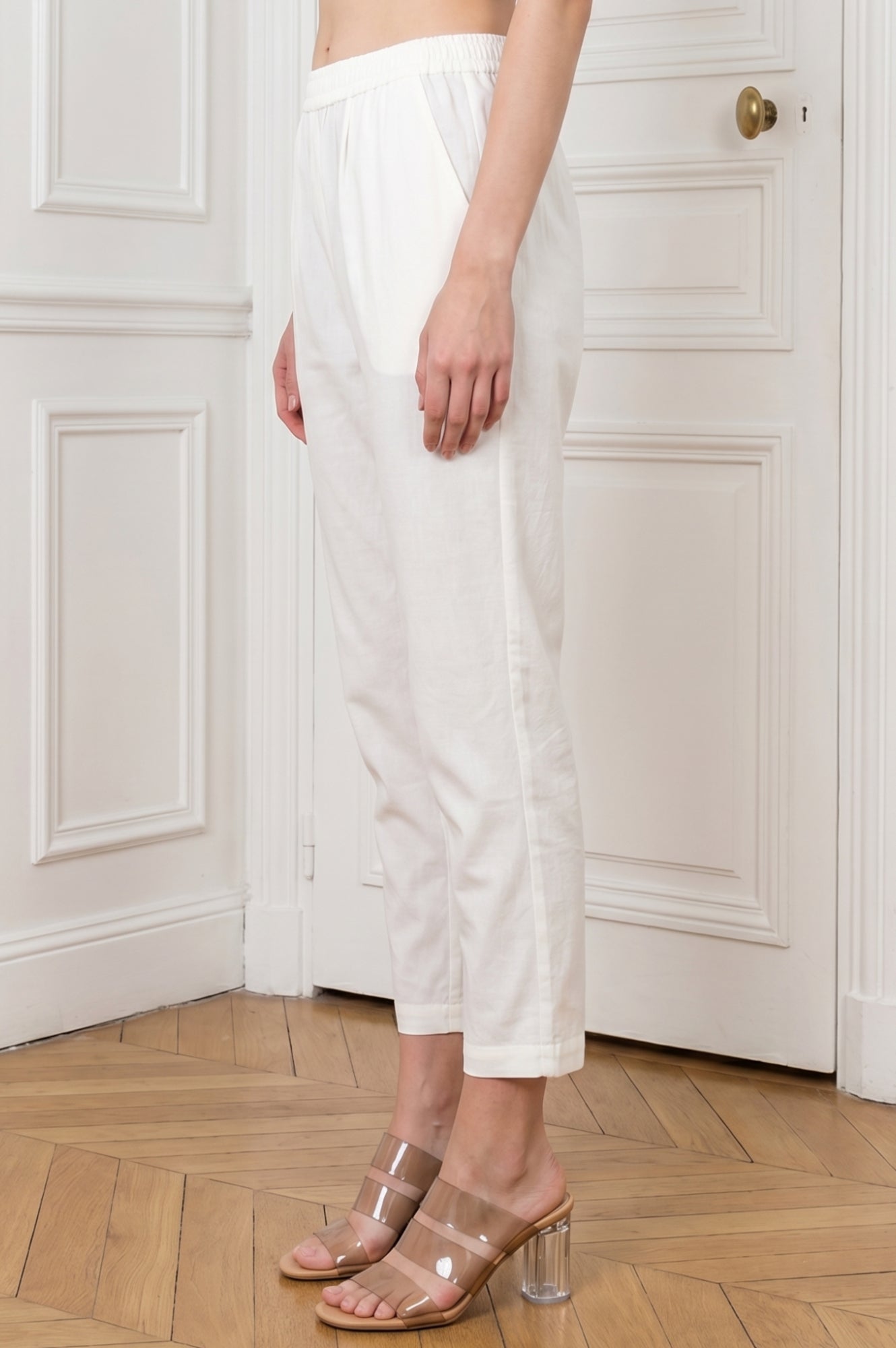 White Pure Cotton Straight Fit Ankle Length Pants