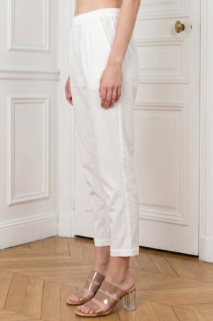 White Pure Cotton Straight Fit Ankle Length Pants