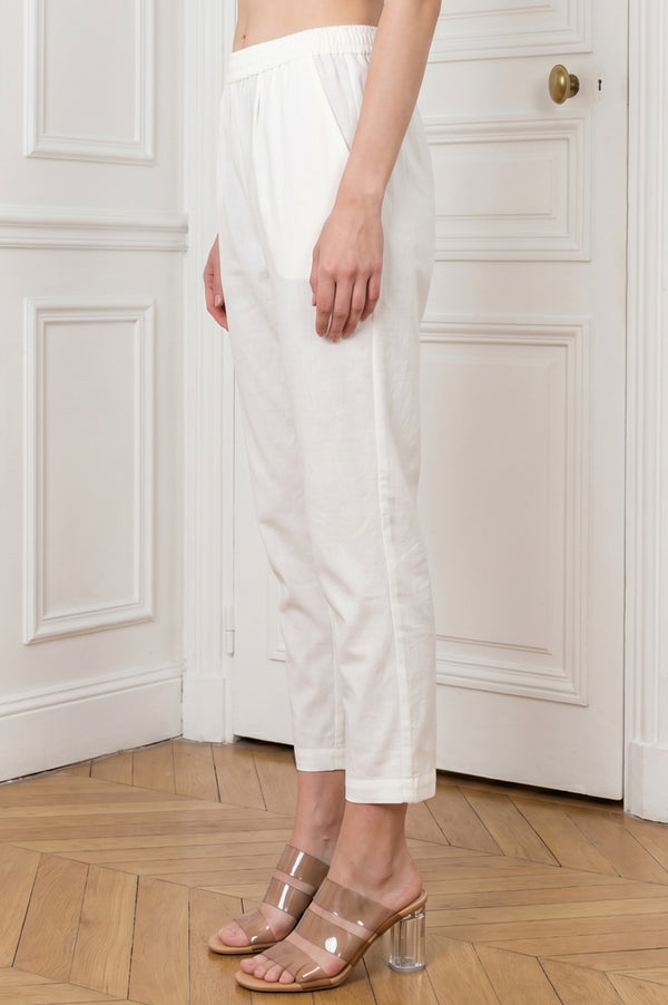 White Pure Cotton Straight Fit Ankle Length Pants