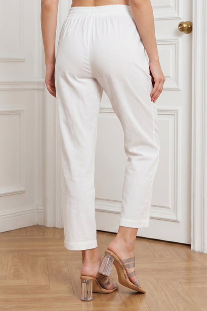 White Pure Cotton Straight Fit Ankle Length Pants