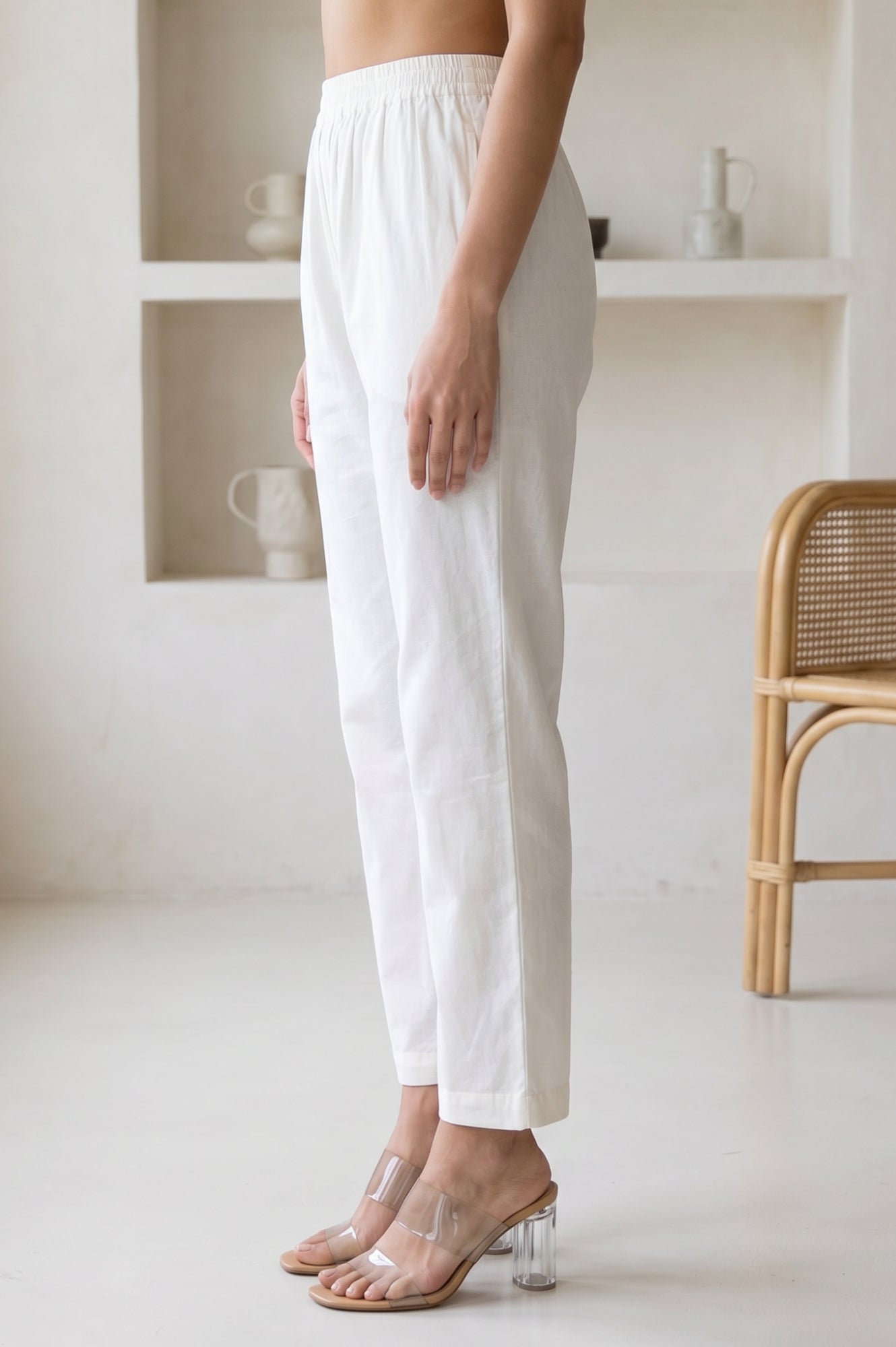 White Pure Cotton Straight Fit Ankle Length Pants
