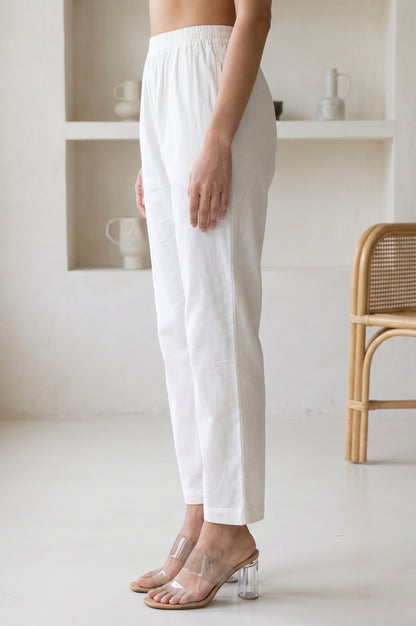 White Pure Cotton Straight Fit Ankle Length Pants