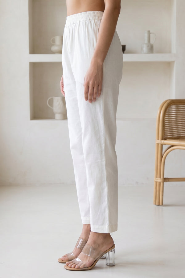 White Pure Cotton Straight Fit Ankle Length Pants