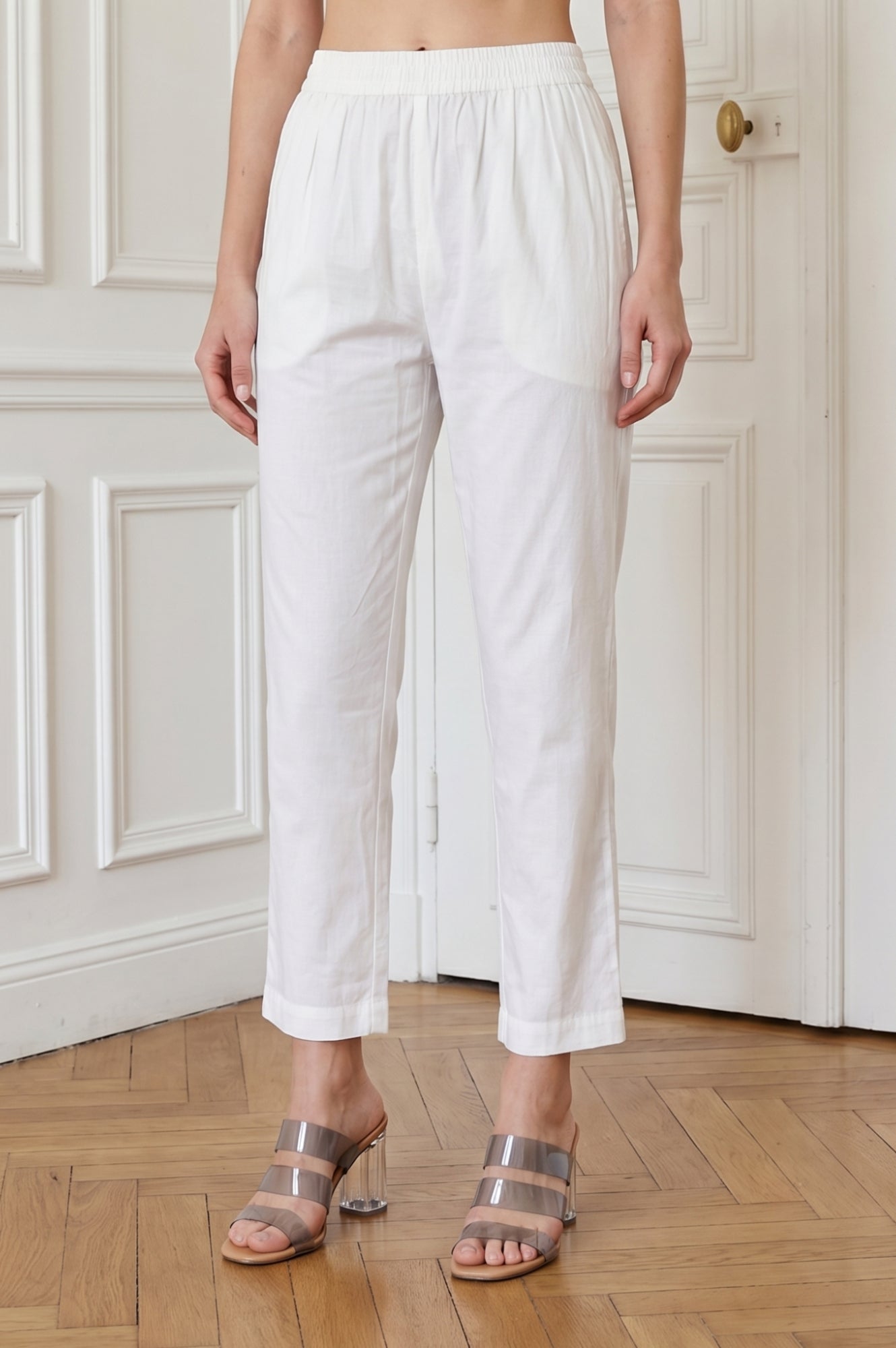 White Pure Cotton Straight Fit Ankle Length Pants
