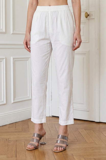 White Pure Cotton Straight Fit Ankle Length Pants