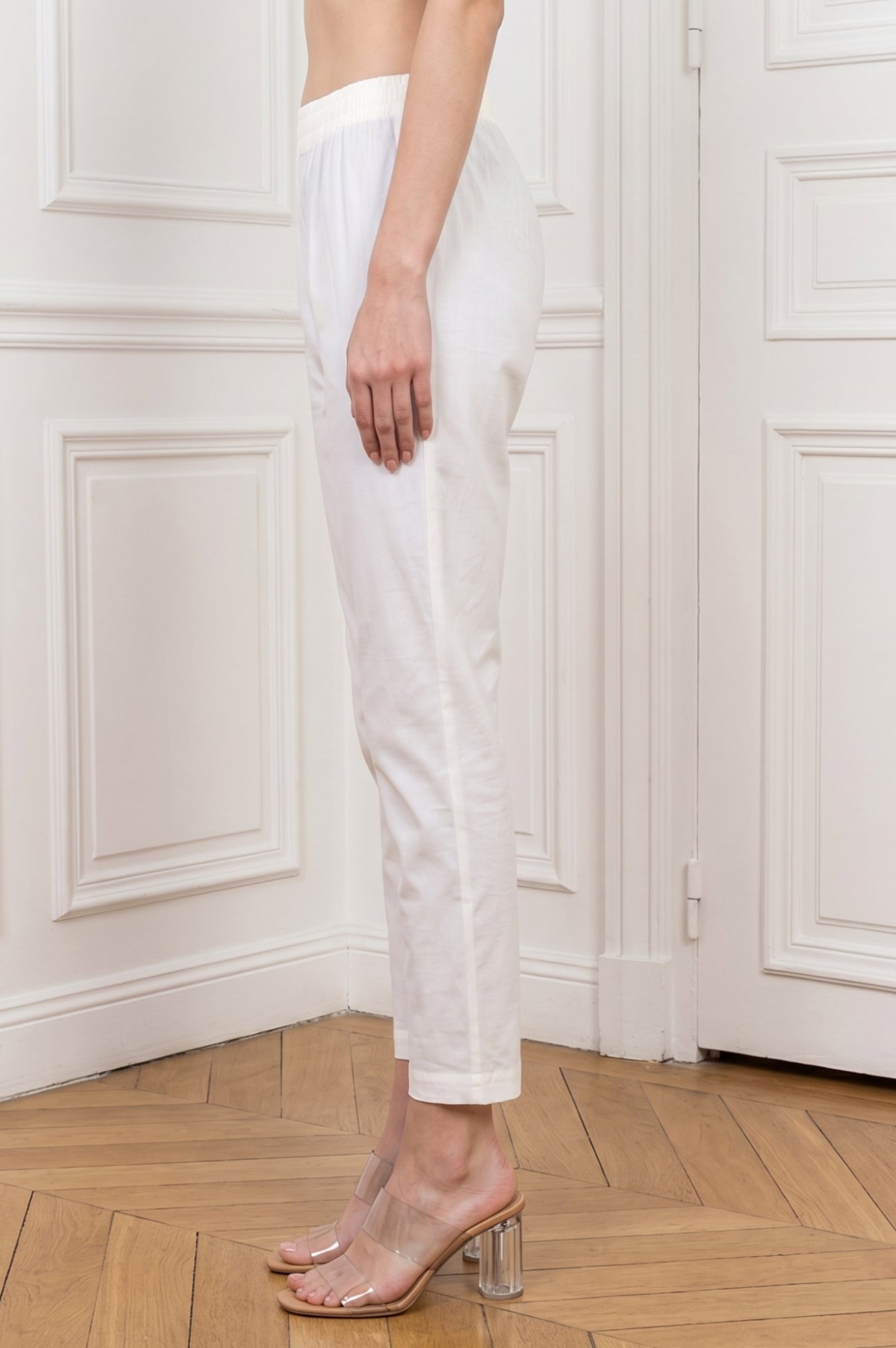 White Pure Cotton Straight Fit Ankle Length Pants