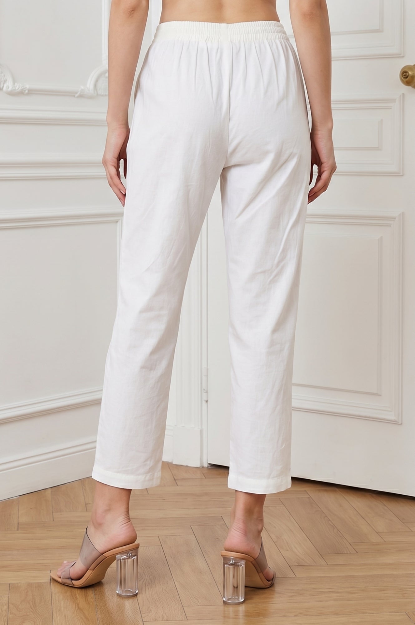 White Pure Cotton Straight Fit Ankle Length Pants