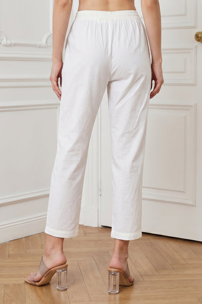 White Pure Cotton Straight Fit Ankle Length Pants
