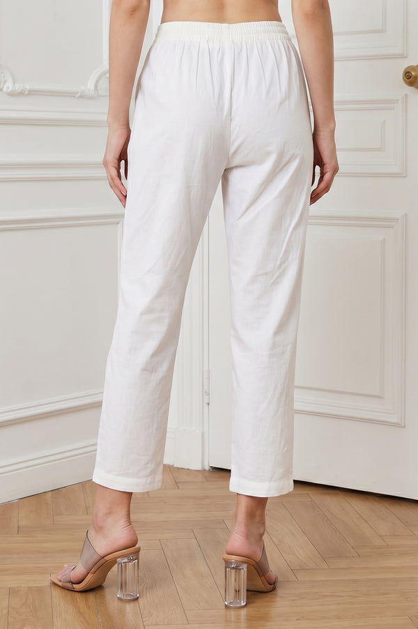 White Pure Cotton Straight Fit Ankle Length Pants