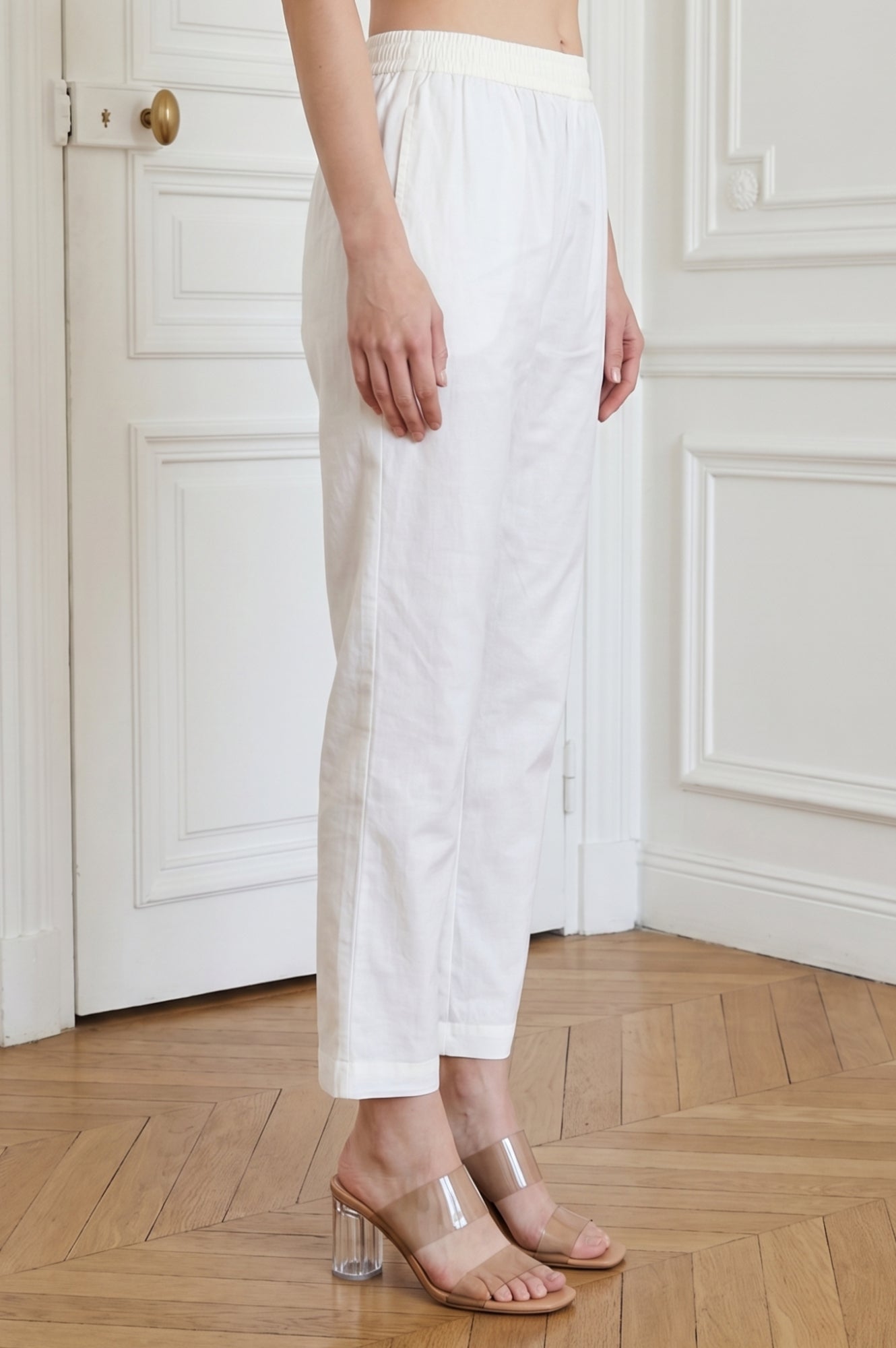 White Pure Cotton Straight Fit Ankle Length Pants