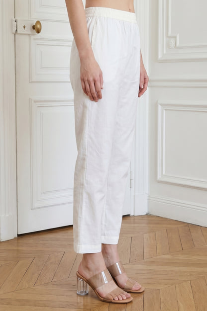 White Pure Cotton Straight Fit Ankle Length Pants