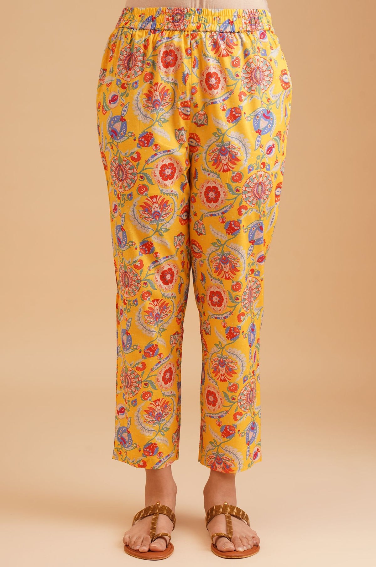 Yellow Floral Printed Pure Cotton Straight Fit Ankle Length Mid Rise Straight Pant