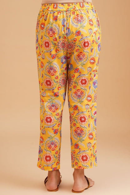 Yellow Floral Printed Pure Cotton Straight Fit Ankle Length Mid Rise Straight Pant