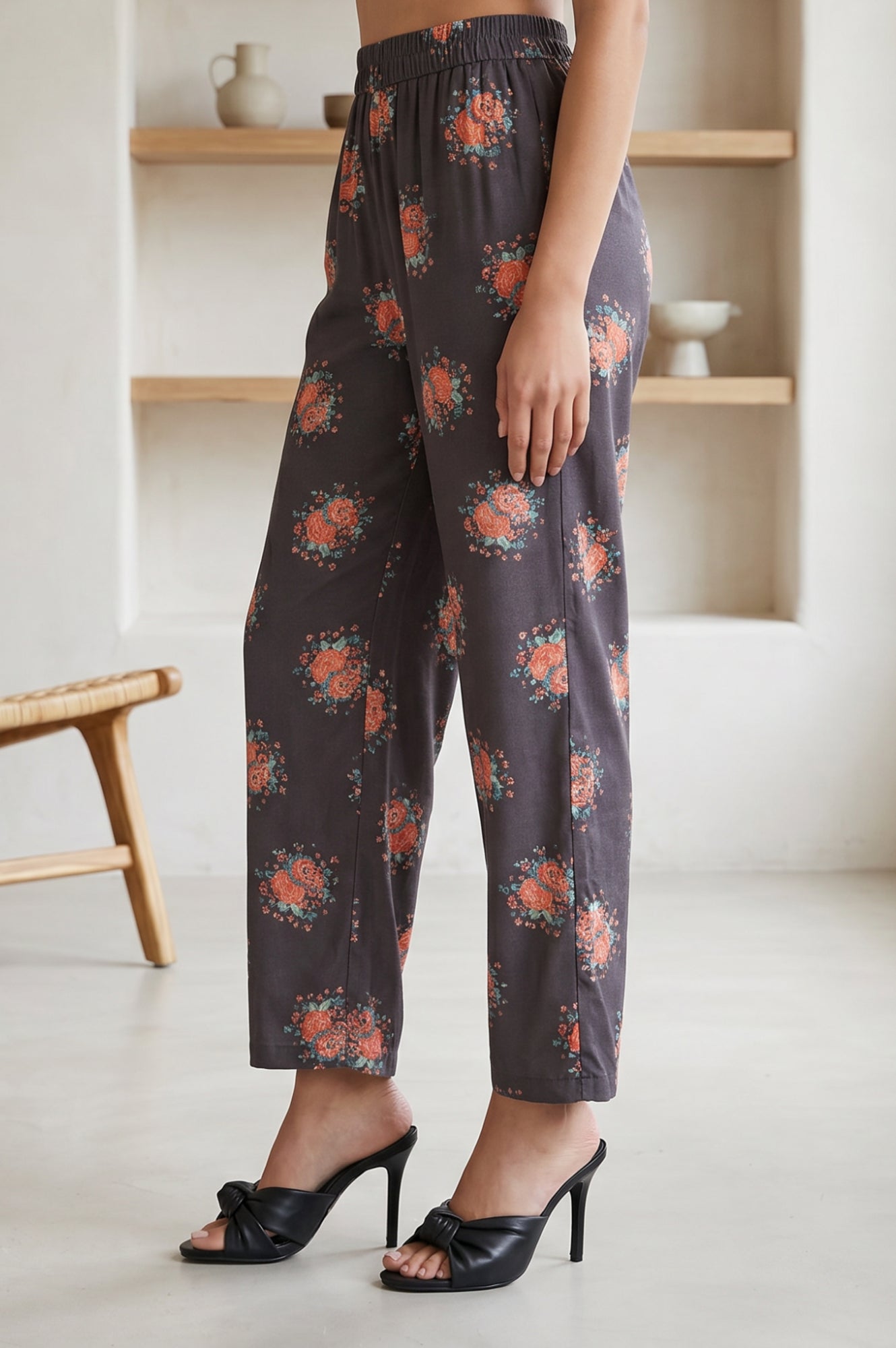 Charcoal Floral Printed Straight Fit Ankle Length Pants