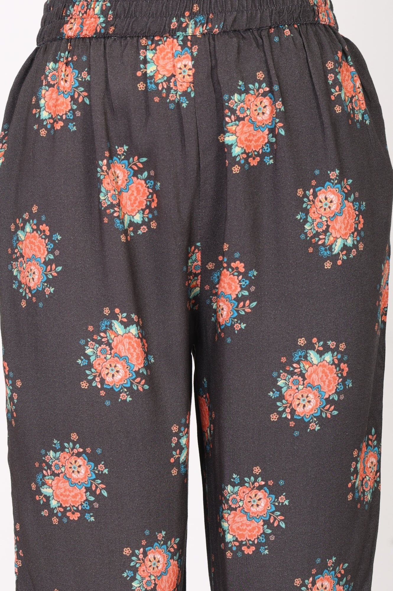 Charcoal Floral Printed Straight Fit Ankle Length Pants