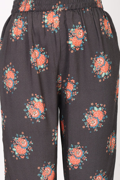 Charcoal Floral Printed Straight Fit Ankle Length Pants