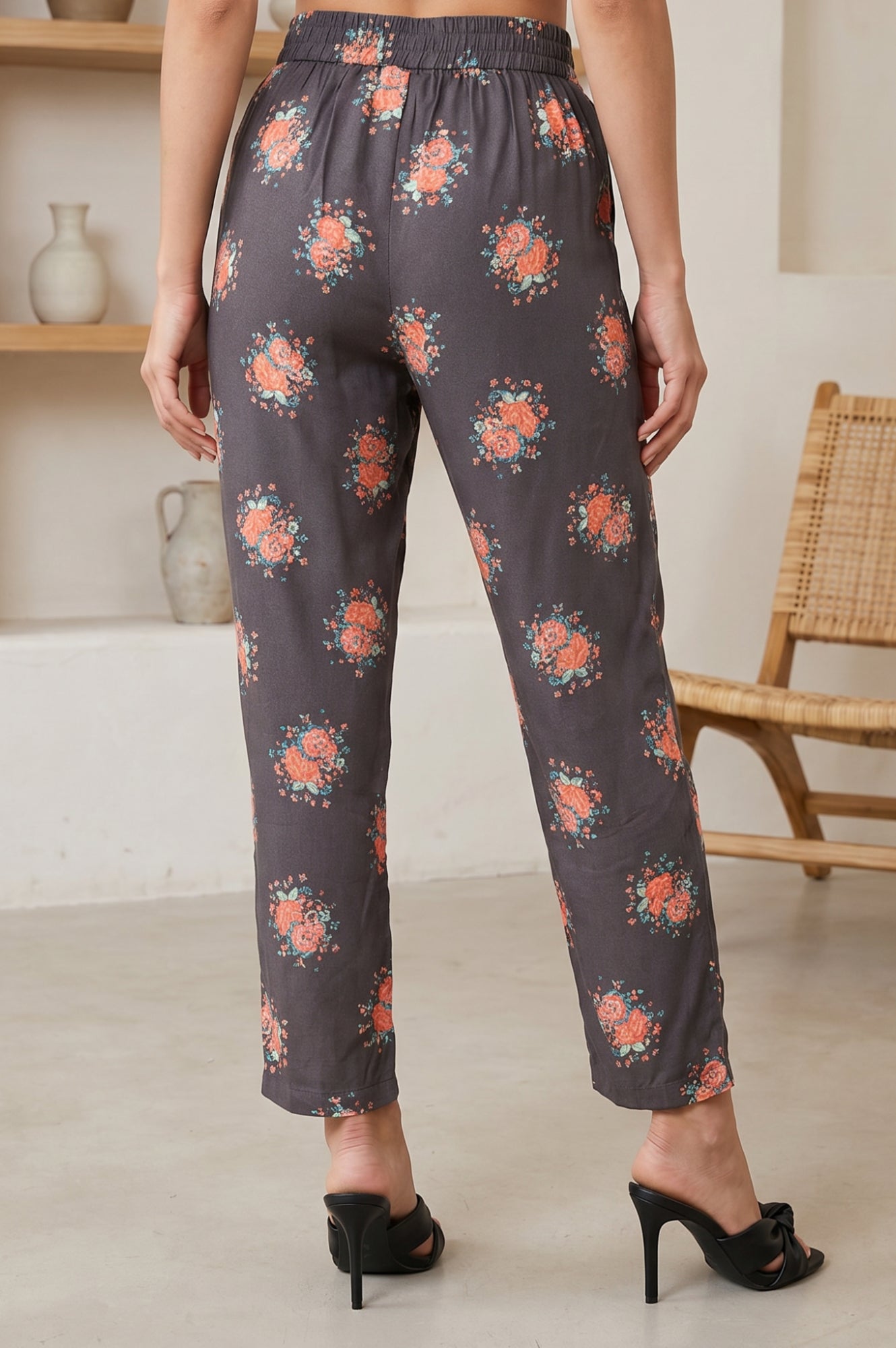 Charcoal Floral Printed Straight Fit Ankle Length Pants