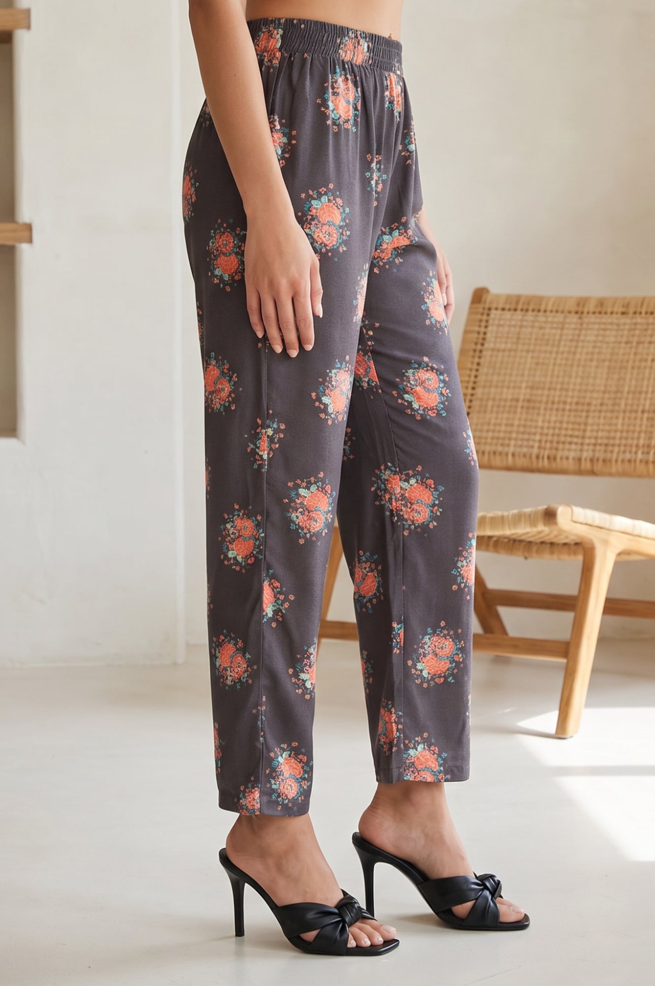 Charcoal Floral Printed Straight Fit Ankle Length Pants