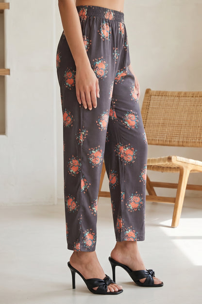 Charcoal Floral Printed Straight Fit Ankle Length Pants