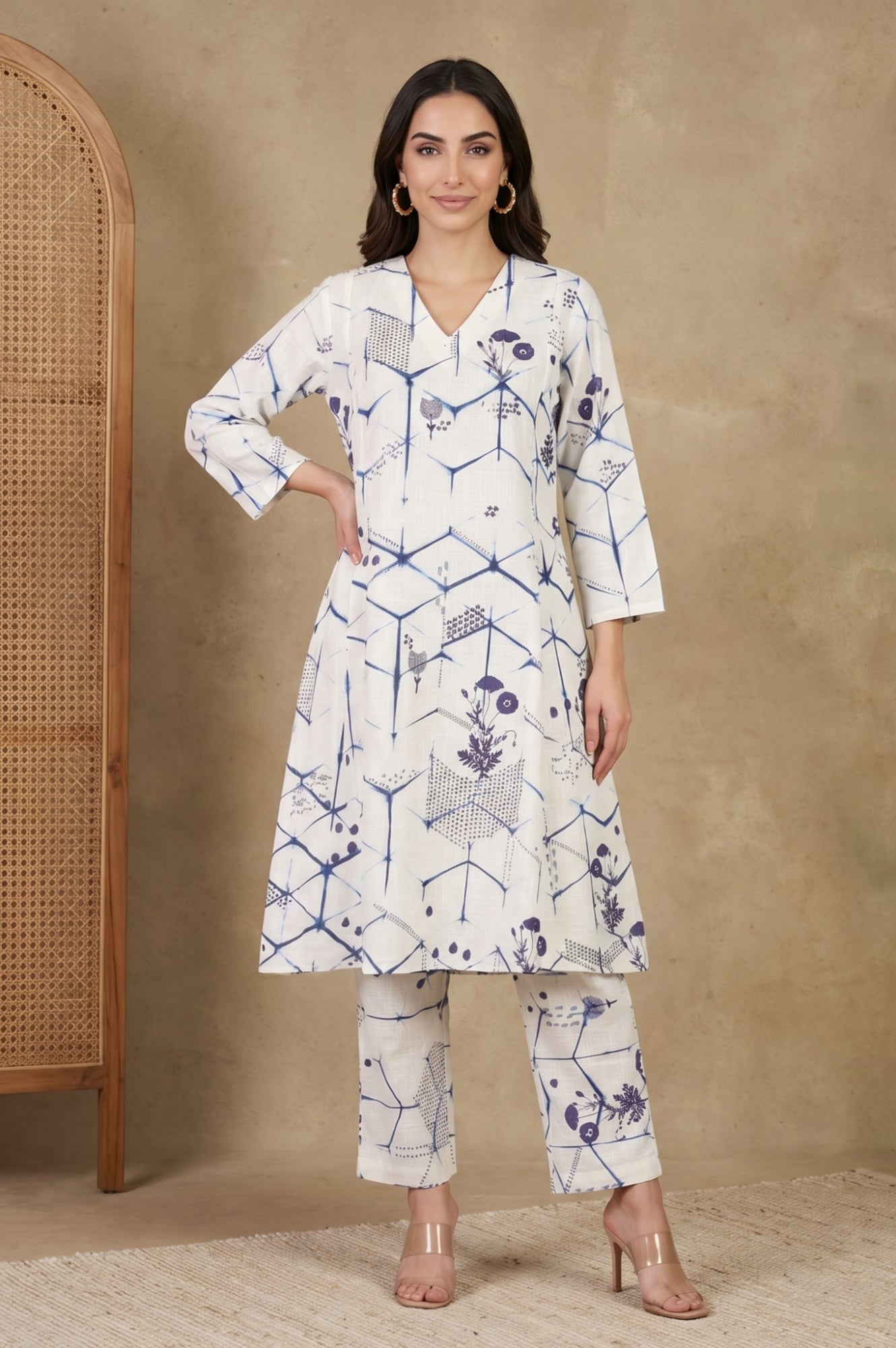 Off White Geometric Printed Pure Cotton Straight Fit Pants