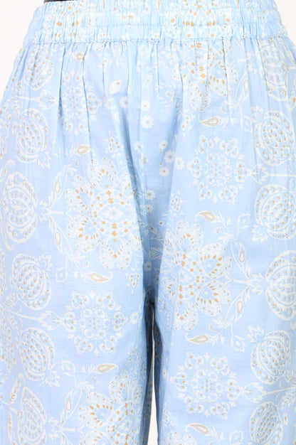 Powder Blue Floral Printed Pure Cotton Straight Pants