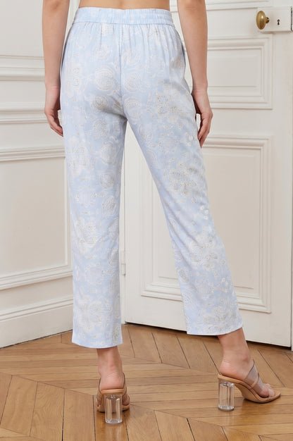 Powder Blue Floral Printed Pure Cotton Straight Pants