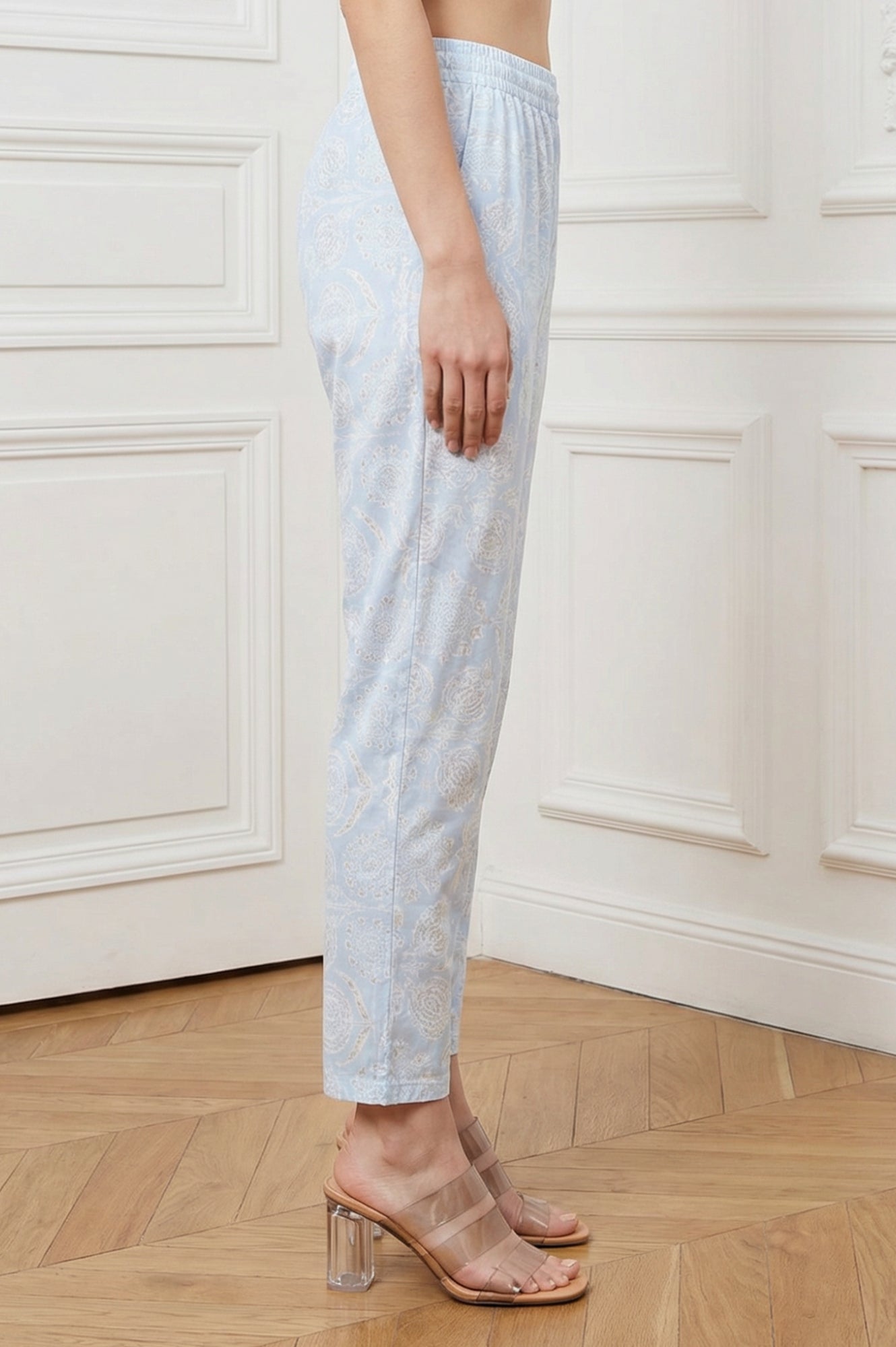 Powder Blue Floral Printed Pure Cotton Straight Pants