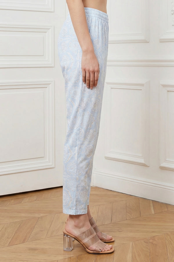 Powder Blue Floral Printed Pure Cotton Straight Pants