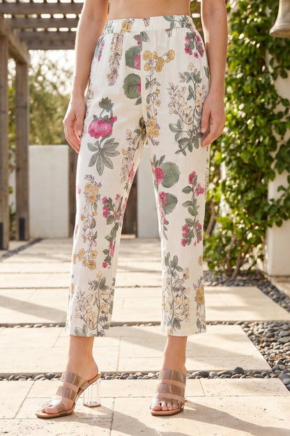Off White Floral Printed Pure Cotton Straight Pants