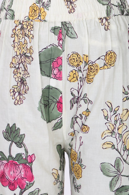 Off White Floral Printed Pure Cotton Straight Pants