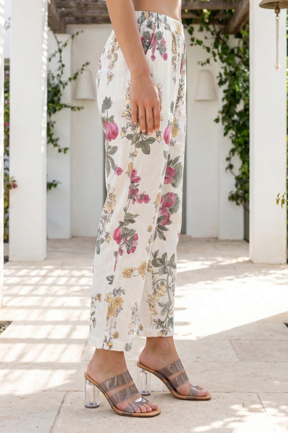 Off White Floral Printed Pure Cotton Straight Pants