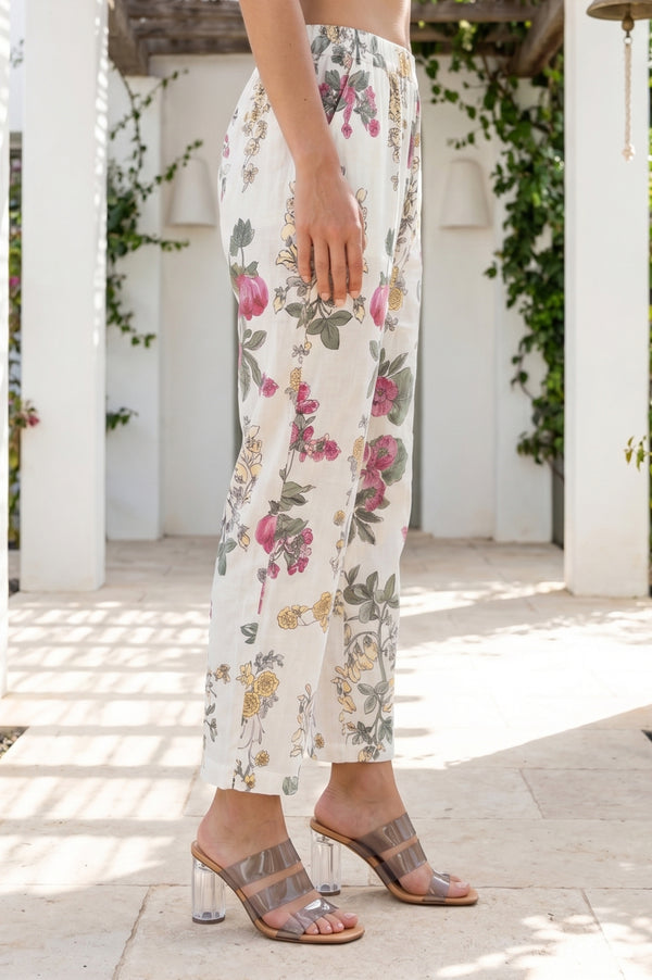 Off White Floral Printed Pure Cotton Straight Pants