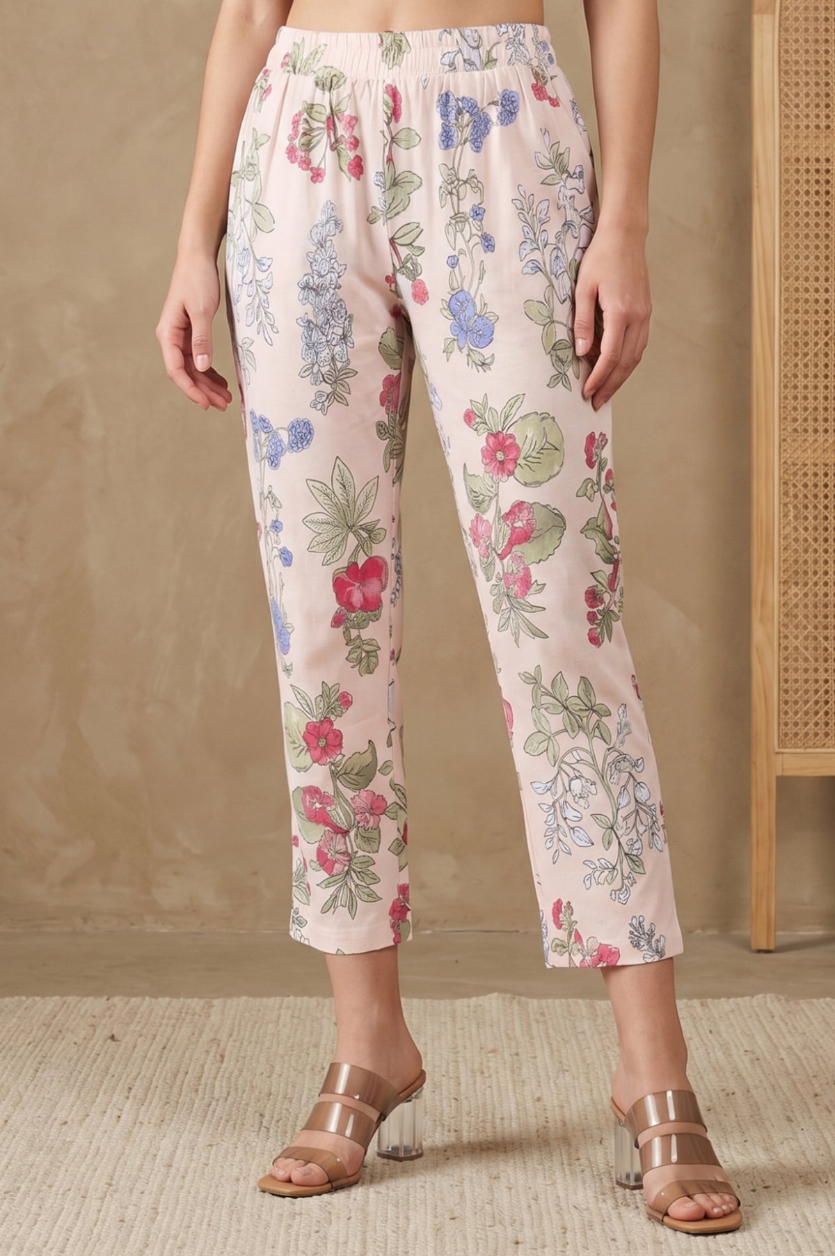 Peach Floral Printed Pure Cotton Straight Fit Pants - XS