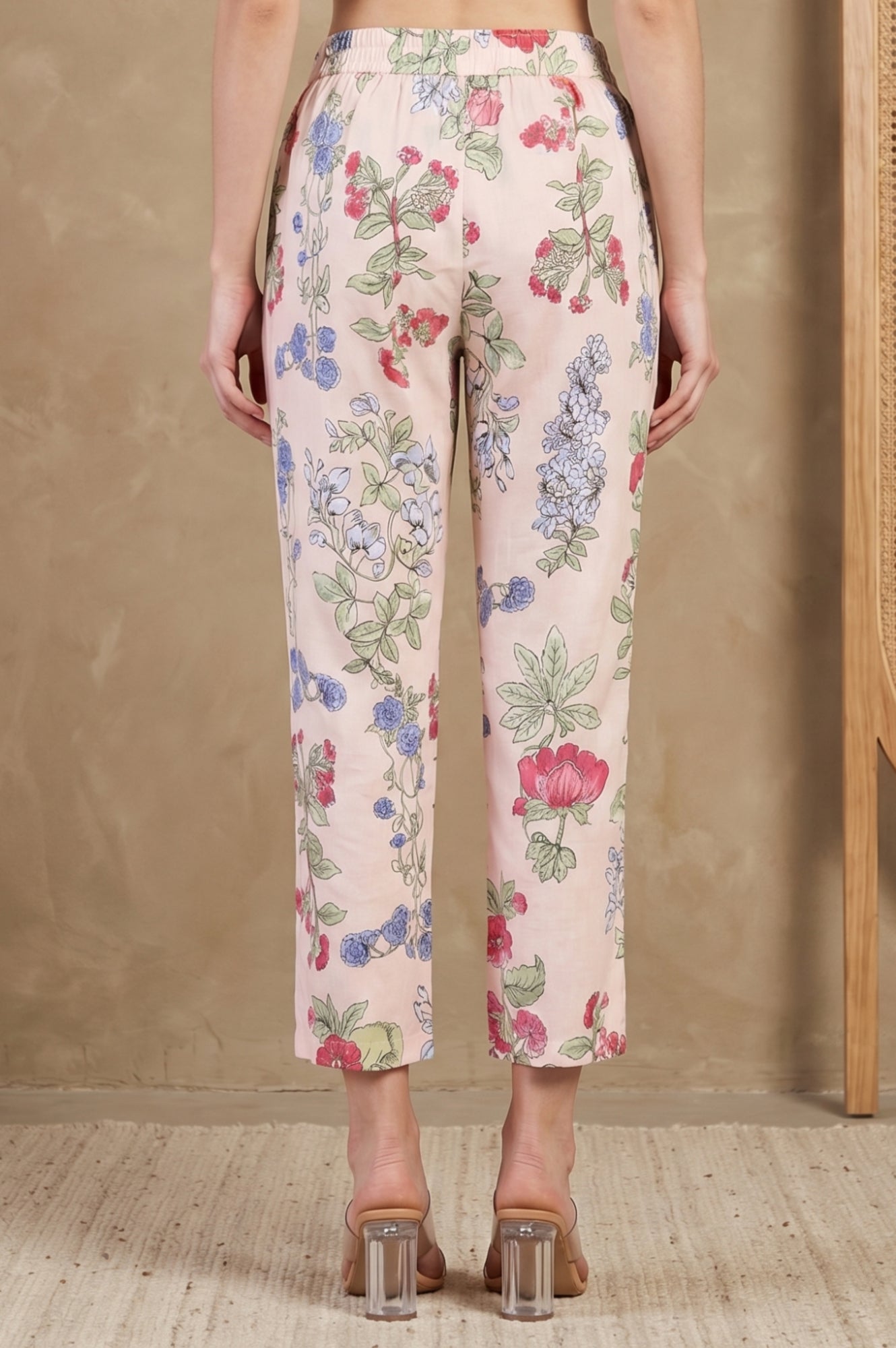 Peach Floral Printed Pure Cotton Straight Fit Pants