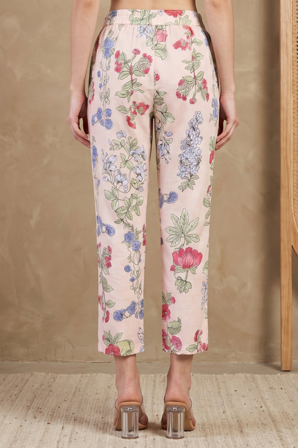 Peach Floral Printed Pure Cotton Straight Fit Pants