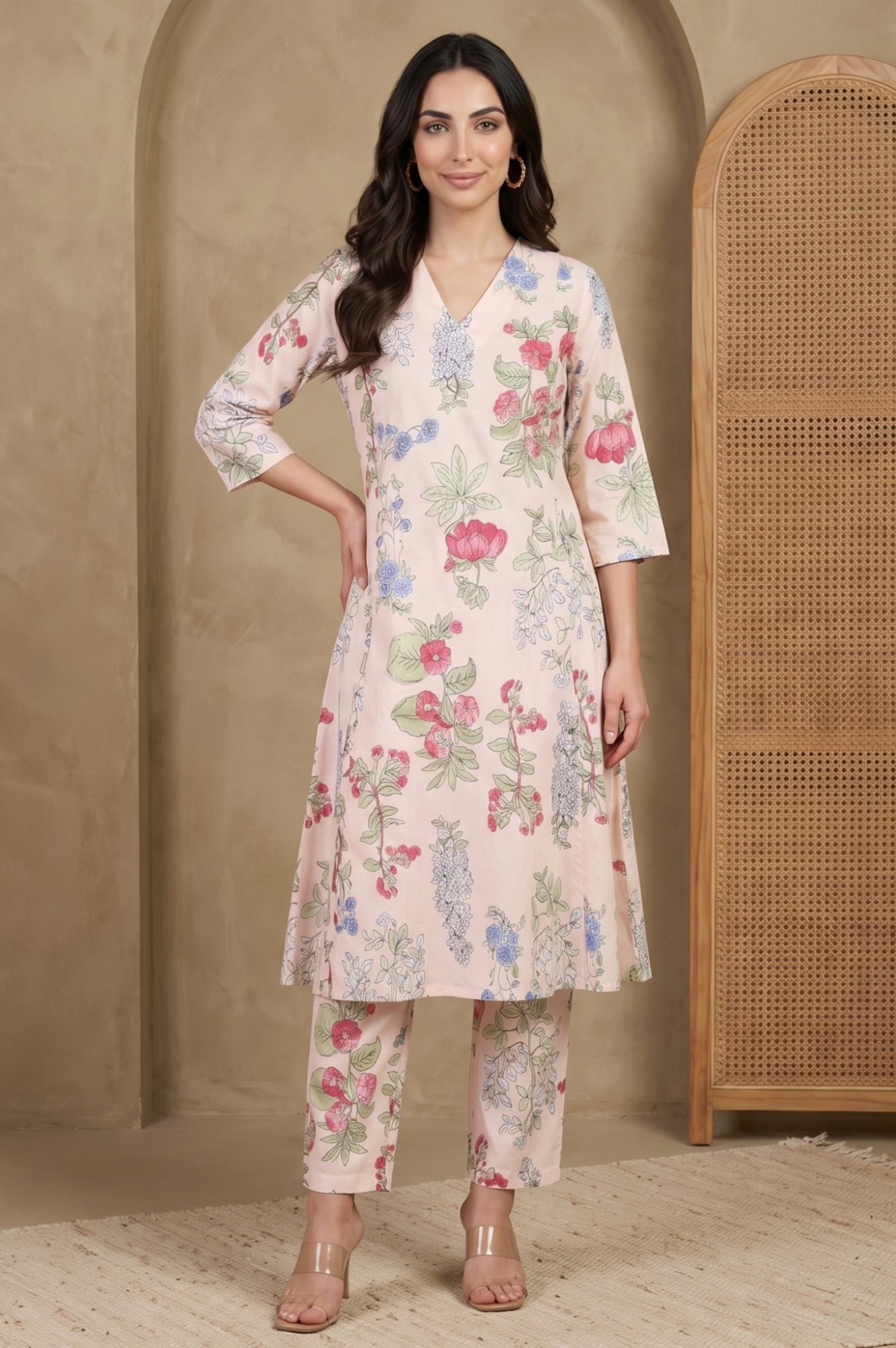 Peach Floral Printed Pure Cotton Straight Fit Pants
