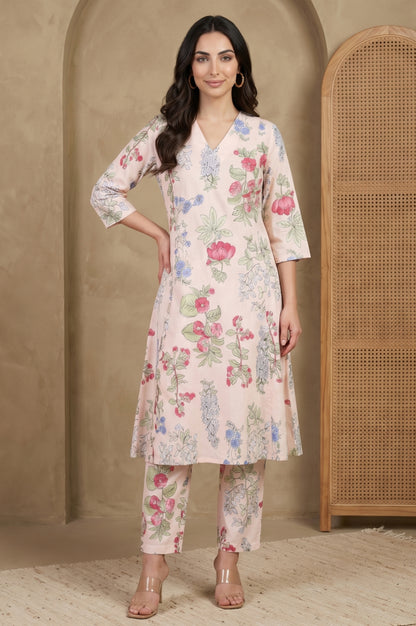 Peach Floral Printed Pure Cotton Straight Fit Pants