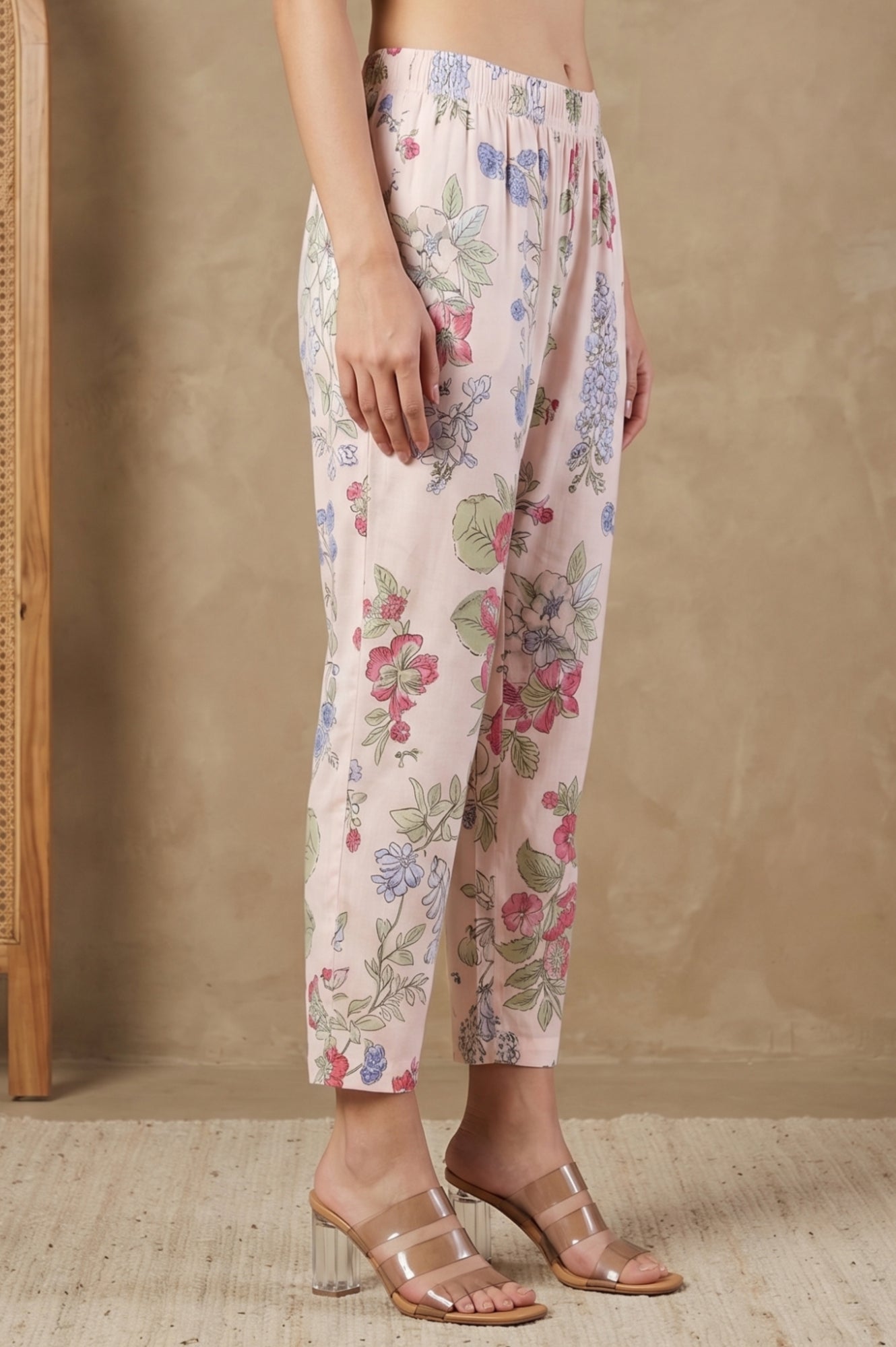 Peach Floral Printed Pure Cotton Straight Fit Pants