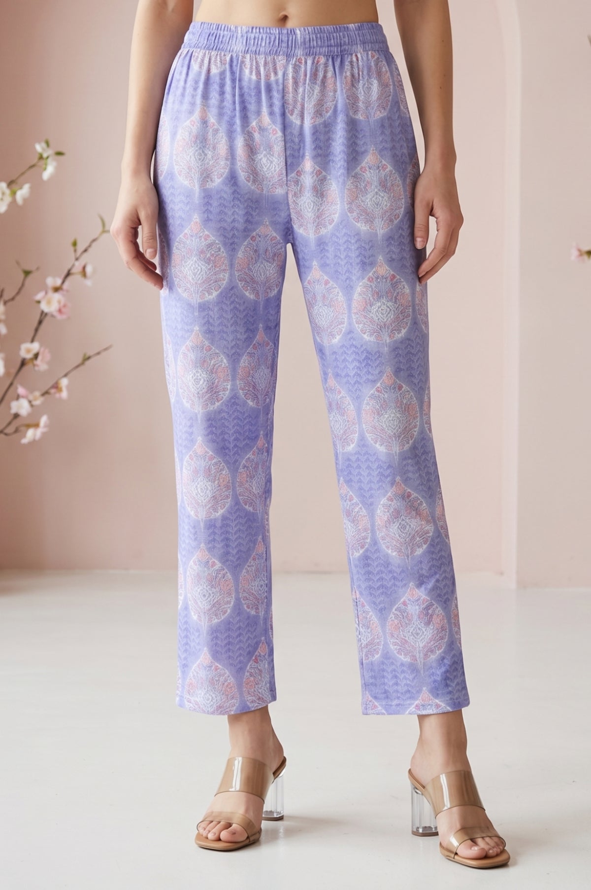 lavender Floral Printed Pure Cotton Straight Fit Pants - XS